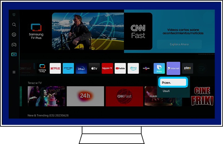 Obraz przedstawia menu Smart Hub z podświetlonymi opcjami Przenieś i Usuń dla Edytuj listę na telewizorze Samsung Smart TV.