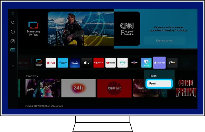 Obraz przedstawia menu Smart Hub z podświetloną opcją Edytuj listę na telewizorze Samsung Smart TV.