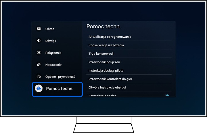 Na telewizorze Samsung wyświetlają się wszystkie opcje Ustawień.