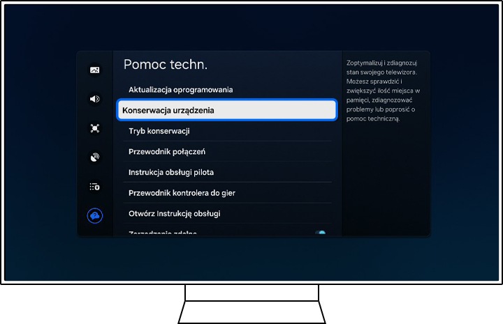 Na telewizorze Samsung wyświetlają się opcje Wsparcia.