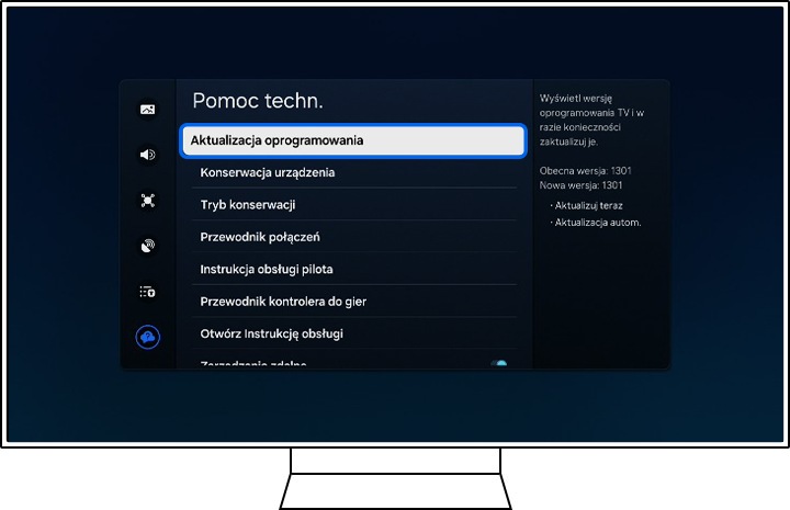 Na telewizorze Samsung wyświetlają się opcje Wsparcia.
