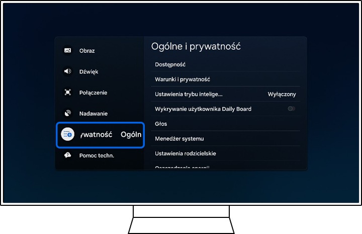 Telewizor Samsung wyświetla wszystkie opcje Ustawień.