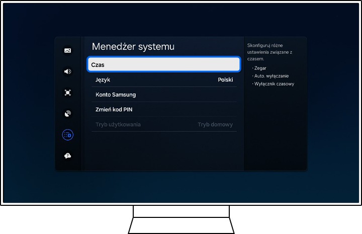 Telewizor Samsung wyświetla opcje Menedżera systemu/czasu