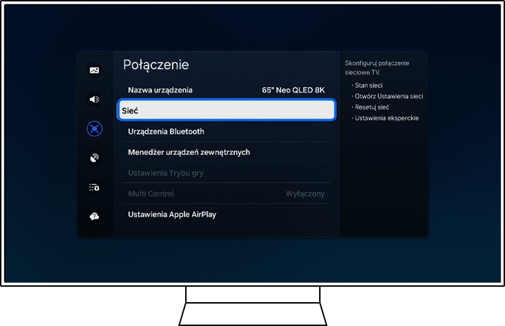 Na telewizorze Samsung wyświetlają się opcje Połączenia.