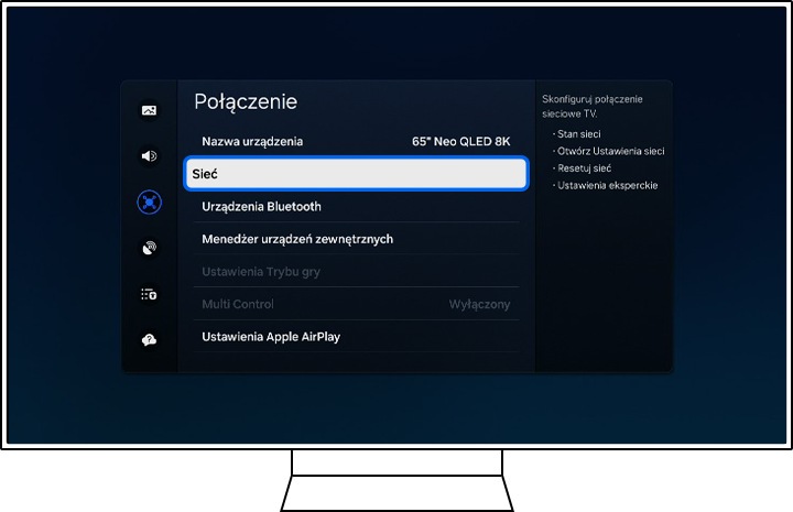 Na telewizorze Samsung wyświetlane są opcje menu Połączenie.