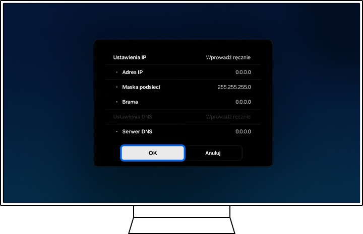 Na telewizorze Samsung wyświetlają się informacje o ustawieniach IP.