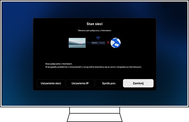 Na telewizorze Samsung wyświetlana jest sekcja Status sieci.