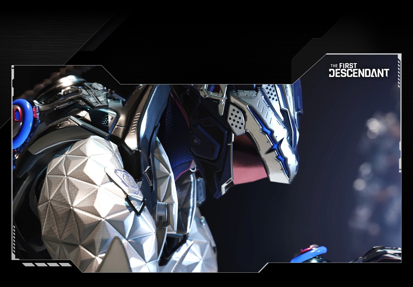 Telewizor Samsung Gaming TV wyświetla toczącą się grę „The First Descendant”. Zbliżenie na cyberwojownika. Wojownicy strzelają do wroga z pistoletu laserowego i latają nad wodą. Kobieta spogląda w górę. Kilku wojowników ucieka w dal. Wojownik wstrzeliwuje linę w potwora i podciąga się. Świecący czerwony samolot na niebie zaczyna być niewidoczny. Dwóch wojowników patrzy na upadłą, płonącą konstrukcję.