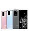 لقطات خلفية لهواتف Galaxy S20 بلون وردي كلاود و Galaxy S20 + بلون أزرق كلاود و Galaxy S20 Ultra بلون رمادي كوزميك وهي متداخلة مع بعضها البعض. يتم عرض المنتجات من جانب إلى آخر حيث S20 موجود في الأسفل جهة اليسار