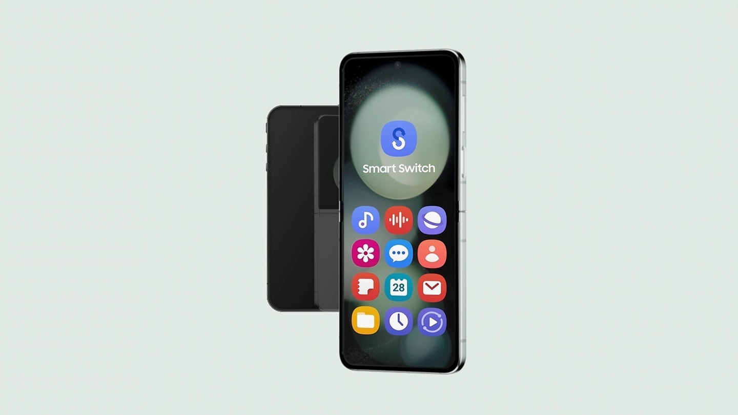 São apresentados vários ícones de aplicações num smartphone antigo. Os ícones saltam para fora do ecrã e voam para a direita, em direção a um Galaxy Flip5 que está virado para o lado e meio aberto. O Galaxy Flip5 capta os ícones e fecha. Em seguida, o Galaxy Flip5 vira-se para a frente e abre-se, mostrando o processo de transferência de dados no seu ecrã. É mostrado que está a transferir mais de quatro mil imagens, com um círculo de carregamento que mostra a taxa de transferência a subir até 100%. Na parte superior, é apresentado o texto Mantenha os seus telefones próximos uns dos outros para se manter ligado, enquanto na parte inferior, o texto Manter ecrã ligado está no ecrã para servir como lembrete. Por fim, o smartphone antigo e o novo Galaxy Flip5 aparecem juntos. Vários ícones de aplicações são retirados do smartphone antigo e depois inseridos no Galaxy Flip5. O ícone da aplicação Smart Switch aparece no ecrã do Galaxy Flip5.