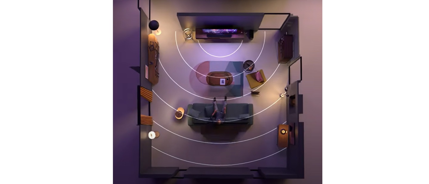 Perspectiva superior de uma divisão onde o som emitido pela sounbar Samsung se adapta ao espaço.