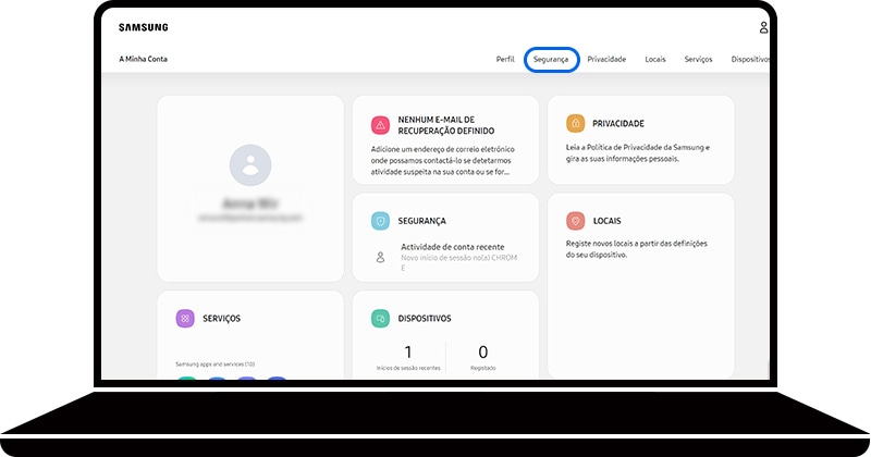 Opção Segurança selecionada na secção A Minha Conta do website da Samsung Account