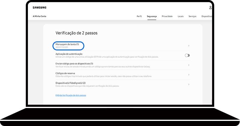 Opção Mensagem de texto selecionada na secção Verificação de 2 passos do website da Samsung Account