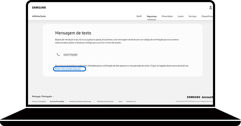 Opção Editar informações pessoais selecionada na secção Mensagem de texto do website da Samsung Account