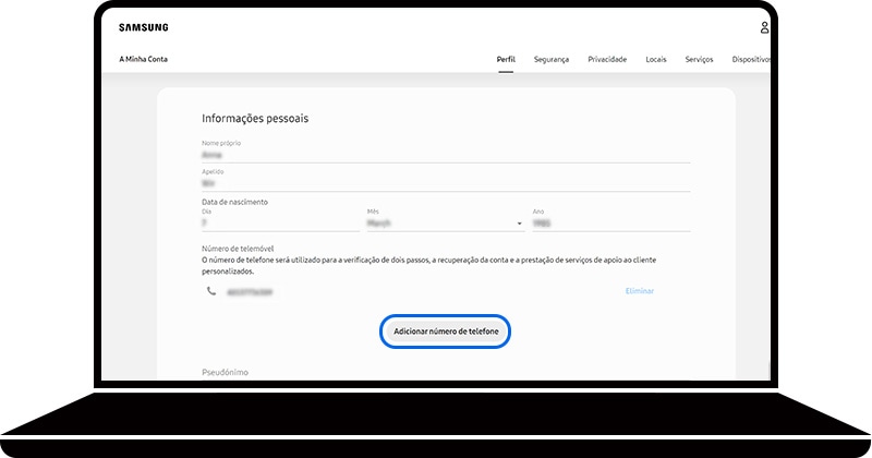 Opção Adicionar número de telefone selecionada na secção Informações pessoais do website da Samsung Account