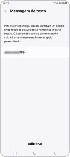 Opção Adicionar selecionada no menu Mensagens de texto das opções de verificação de dois passos