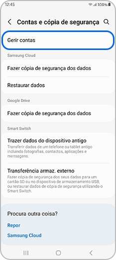 Opção Gerir contas selecionada em Contas e cópia de segurança