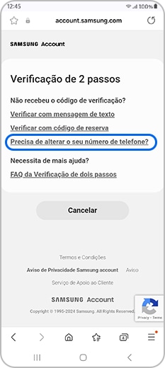 Toque em Precisa de alterar o seu número de telefone? no menu da verificação de dois passos