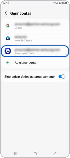 Opção Samsung Account selecionada em Gerir contas