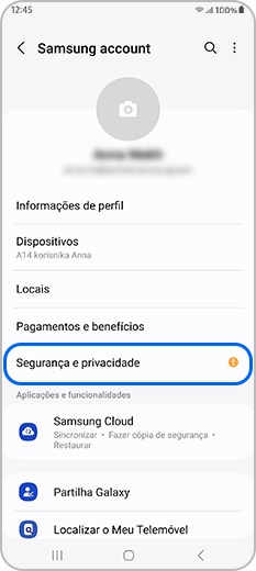 Opção Segurança e privacidade selecionada no perfil da Samsung Account