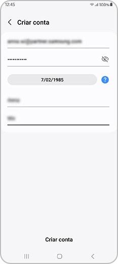 Exemplo de data de nascimento ao criar uma conta Samsung