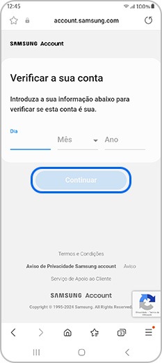 Introduza a data de nascimento na conta Samsung e continue