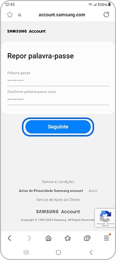 Reponha a palavra-passe da conta Samsung e confirme