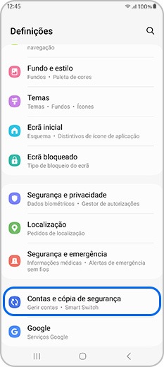 Contas e cópia de segurança nas Definições