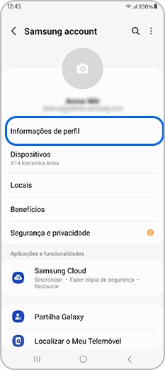 Informações de perfil na conta Samsung