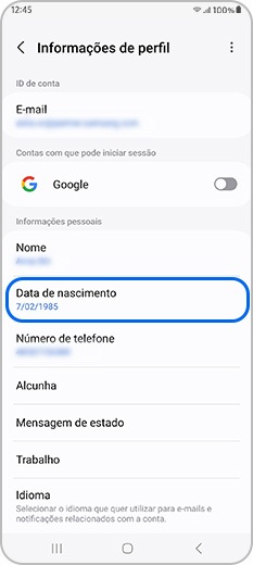 Toque em Data de nascimento no perfil da conta Samsung