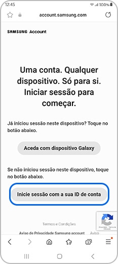 Inicie sessão com a sua ID de conta na página Web da conta Samsung
