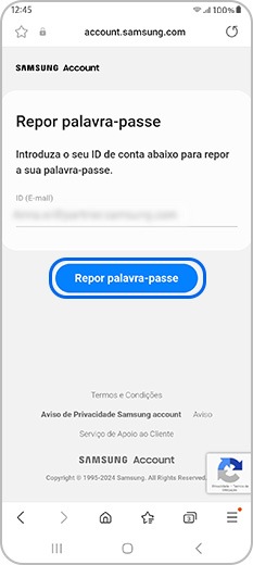 Repor palavra-passe na página Web da conta Samsung