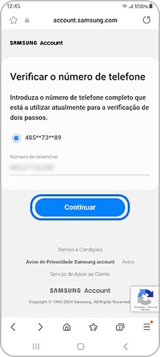 Verificar o número de telefone da conta Samsung