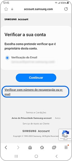 Página Verificar conta Samsung com número de recuperação ou e-mail