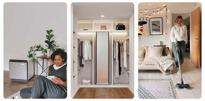 Uma colagem de três visuais que representam a vida doméstica típica para demonstrar três produtos Samsung. Da esquerda para a direita: uma rapariga está a brincar com o ursinho de peluche enquanto o purificador de ar está atrás dela; uma mulher sorri para a câmara segurando um cesto de roupa e ao lado da sua máquina de lavar roupa; o aspirador a jato está encostado a um armário decorado com decorações florais interiores.