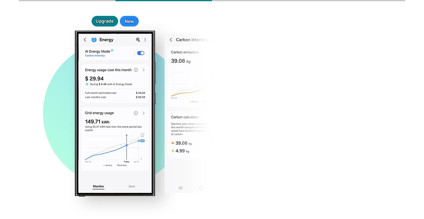 Existe um telemóvel com o separador Energia da app SmartThings no ecrã. O custo da utilização de energia este mês é de $29,94 (27,72€), o que equivale a $5,48 (5,07€) com o Modo Energia IA. O separador Monitorizar é selecionado no menu inferior. Com o modo de consciência da intensidade de carbono, as emissões de carbono e a intensidade de carbono atual podem ser observadas. Os ícones "Atualizar" e "Novo" encontram-se por cima do telemóvel.