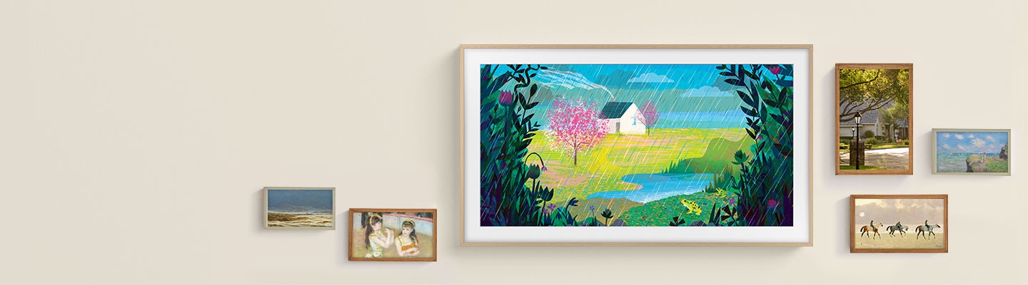 A The Frame montada numa parede, enquadra-se perfeitamente com outros quadros mais pequenos pendurados à sua volta.