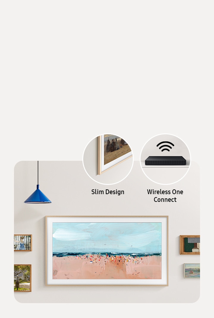 Uma The Frame com um suporte de parede mistura-se com outros quadros mais pequenos. Planos aproximados do design Slim e do Cabo de Ligação Invisível.