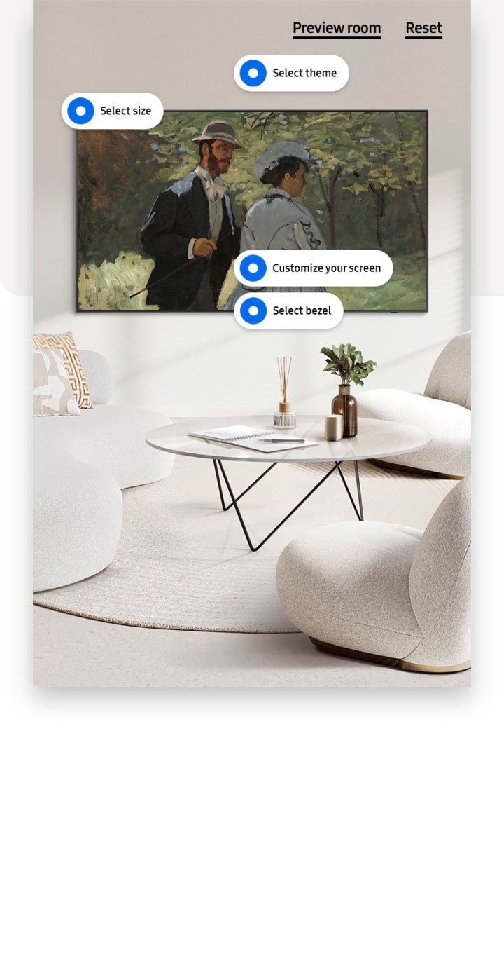The Frame com Bazille e Camille colocada numa sala de estar em tons de branco. Estão visíveis os botões para Selecionar tema, Selecionar tamanho, personalizar o ecrã, selecionar moldura, Pré-visualizar na sala e repor.