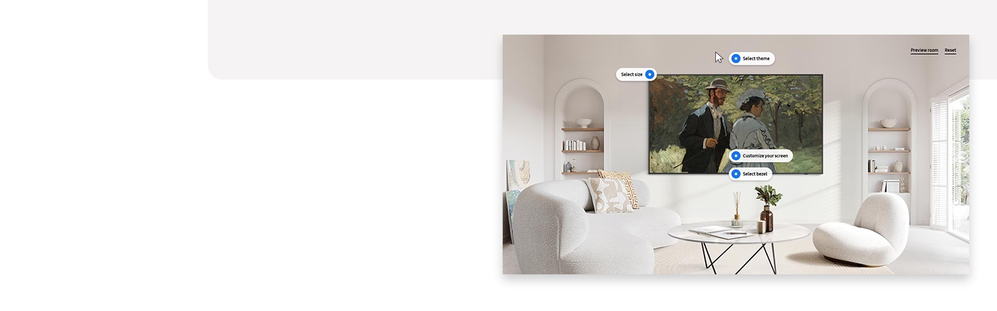 The Frame com Bazille e Camille colocada numa sala de estar em tons de branco. Estão visíveis os botões para Selecionar tema, Selecionar tamanho, personalizar o ecrã, selecionar moldura, Pré-visualizar na sala e repor.