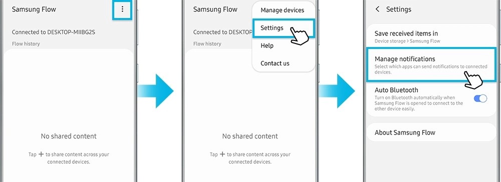 Sequência gráfica de como gerir as notificações recebidas
