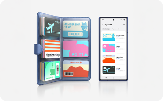 Vários vouchers físicos de voos e passagens aéreas em uma carteira, ao lado de um dispositivo Samsung Galaxy exibindo-os na seção "Minha carteira" do aplicativo Samsung Wallet.