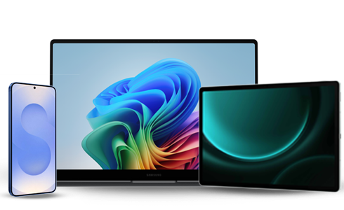 Um smartphone Galaxy S25, tablet e Book juntos