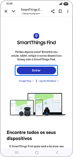 Ecrã “SmartThings Find” com “Entrar” destacado.