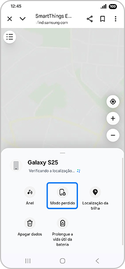 Ecrã “Galaxy S25” com “Modo perdido” destacado.