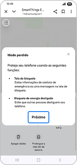Menu pop-up de “Modo perdido” com “Próximo” destacado.
