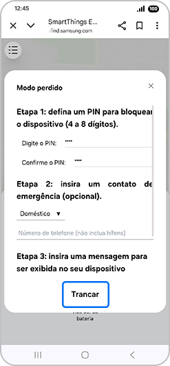 Menu pop-up de "Modo perdido" com “Trancar” destacado.