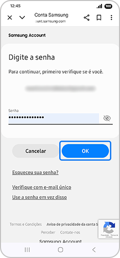Ecrã “Digite a senha” com “OK” destacado.