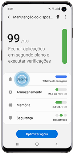 A Bateria está selecionada na secção de manutenção do dispositivo do smartphone Galaxy