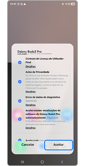 Toque em Aceitar nos Termos e Condições